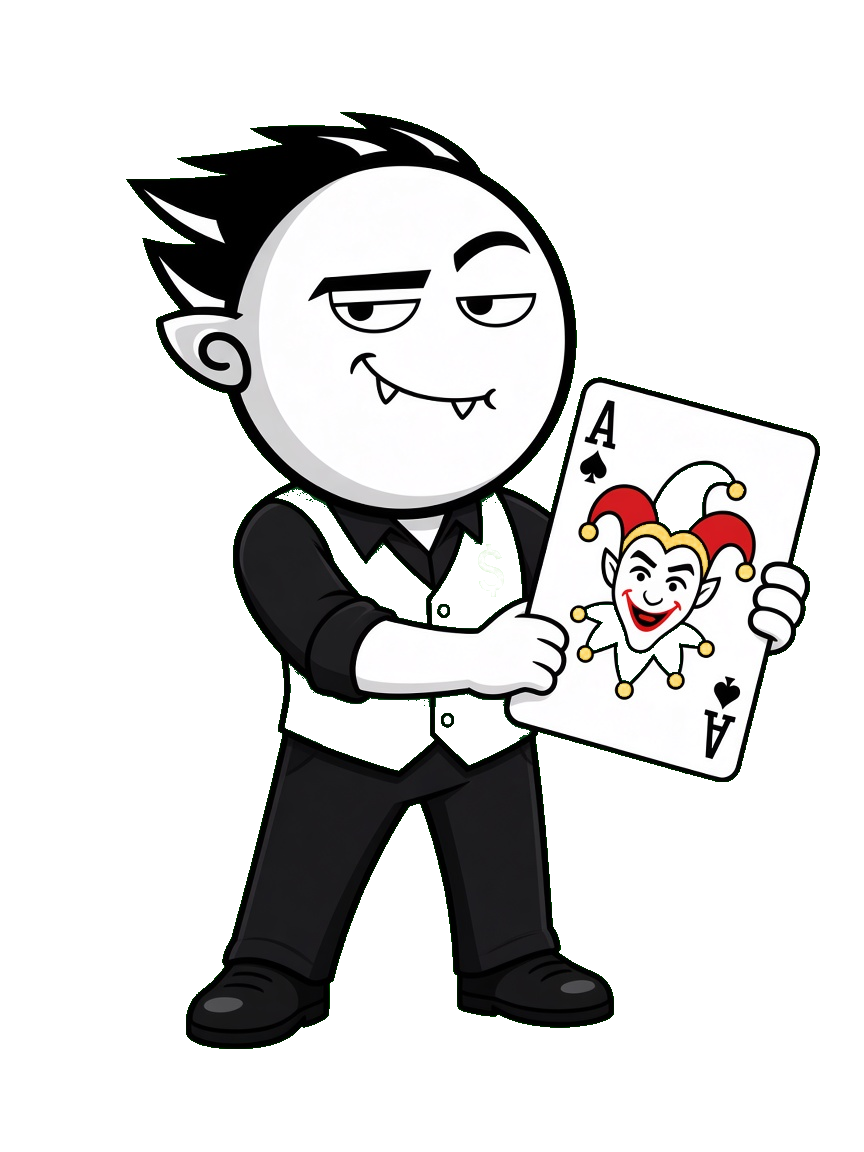 PickWin Casino mascot holding a Joker card